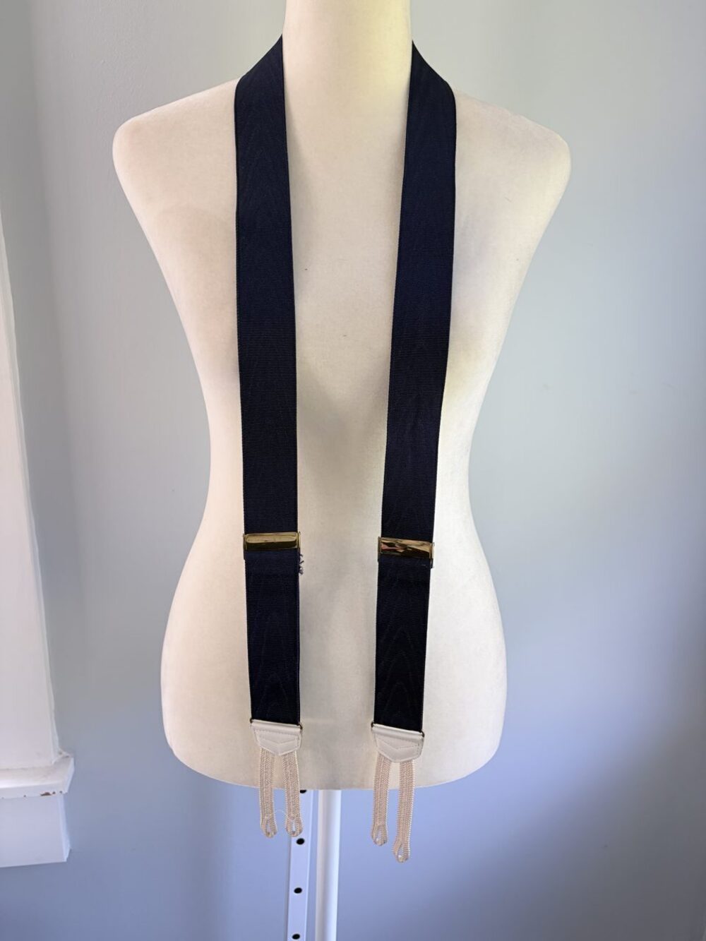 Navy Grosgrain Braces Suspenders White Leather Tabs Braided Ends